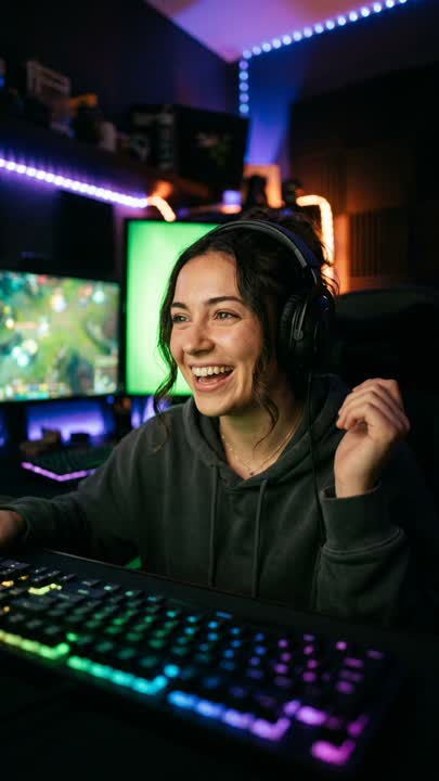 Vertical Short of a gaming streamer reacting with headphones on