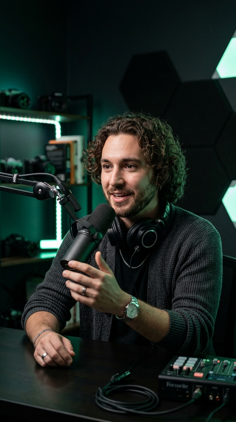 Cinematic YourVideo AI creator portrait in dark studio lighting with microphone