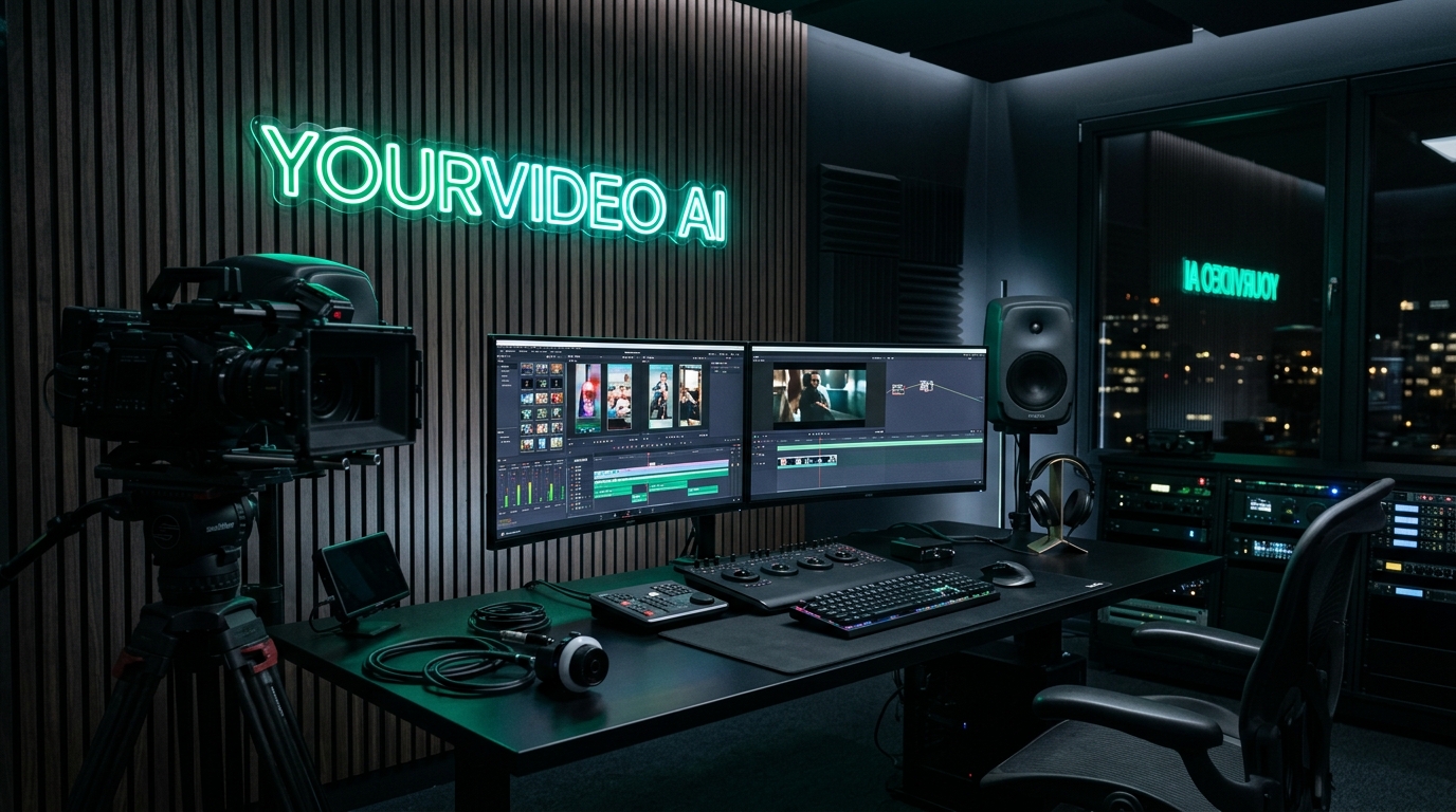Futuristic YourVideo AI creator studio with glowing neon logo and multi-camera timelines